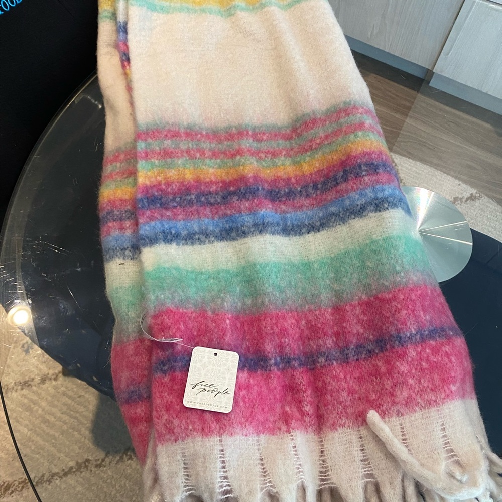 Free People Cream Multicolor Striped Fringe Throw